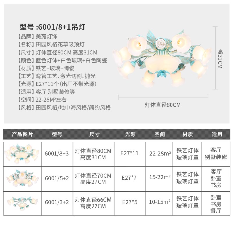 蓝色田园吸顶灯客厅卧室灯别墅民宿女孩房间铁艺陶瓷玫瑰花朵灯饰