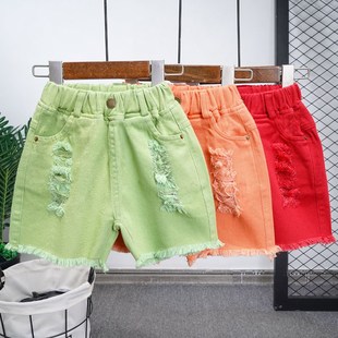 儿童夏季短裤男童个性破洞牛仔裤男女童夏天红色三分裤男孩休闲裤