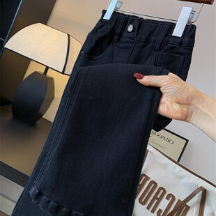 女童喇叭牛仔裤童装秋女中大童简约百搭高腰黑色水洗学生弹力修身