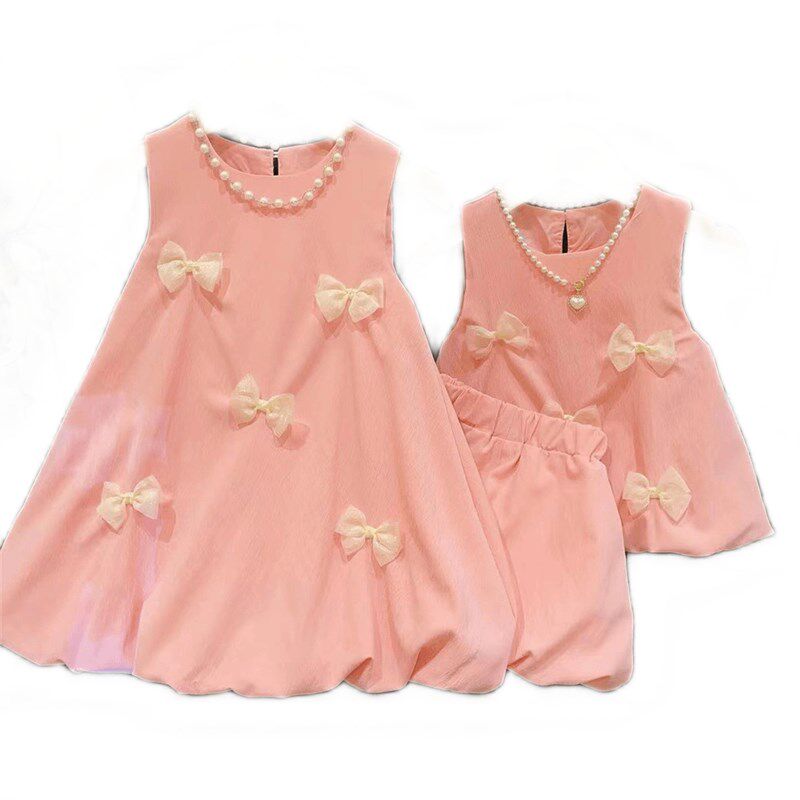 2024夏季女童装蝴蝶结花苞裙儿童宝宝无袖背心短裤套装夏天姐妹款