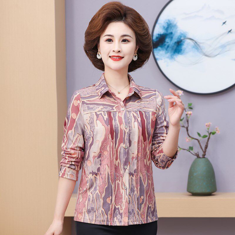 纤雯2024秋季新品中老年女装妈妈款修身花色长袖衬衫开衫上衣口袋