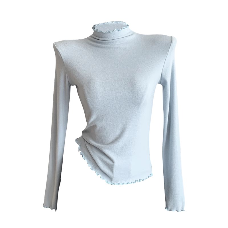 蓝色磨毛加绒木耳边半高领打底衫女内搭2024年秋冬季新款修身上衣