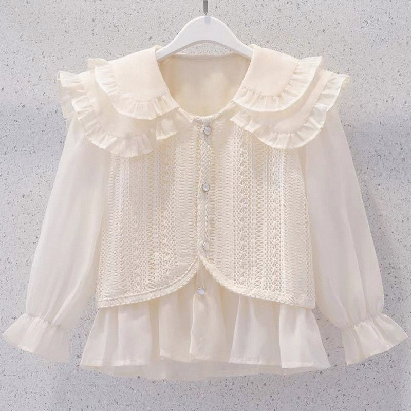 女童喇叭牛仔裤套装春秋夏2025新款儿童装假两件娃娃领衬衫两件套