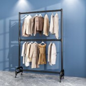 双层店铺衣服挂架落地式 简易可调节升降晾晒衣架移动挂衣架带轮子