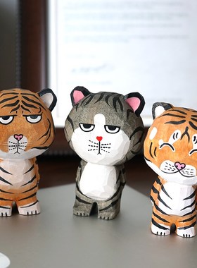 呆萌老虎猫手工木雕小摆件公仔可爱木质雕刻治愈系卡通书桌装饰品