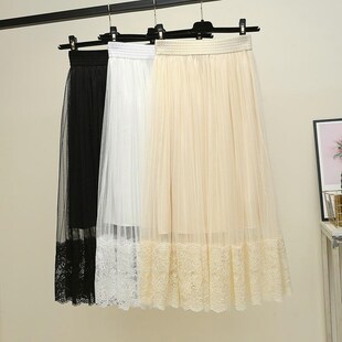 很仙的裙子网纱半身裙中长款女2024夏季新款a字显瘦蕾丝拼接纱裙