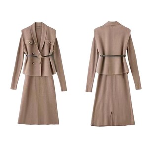 针织连衣裙女秋冬2024新款时尚修身小个子马甲两件套装毛衣打底裙