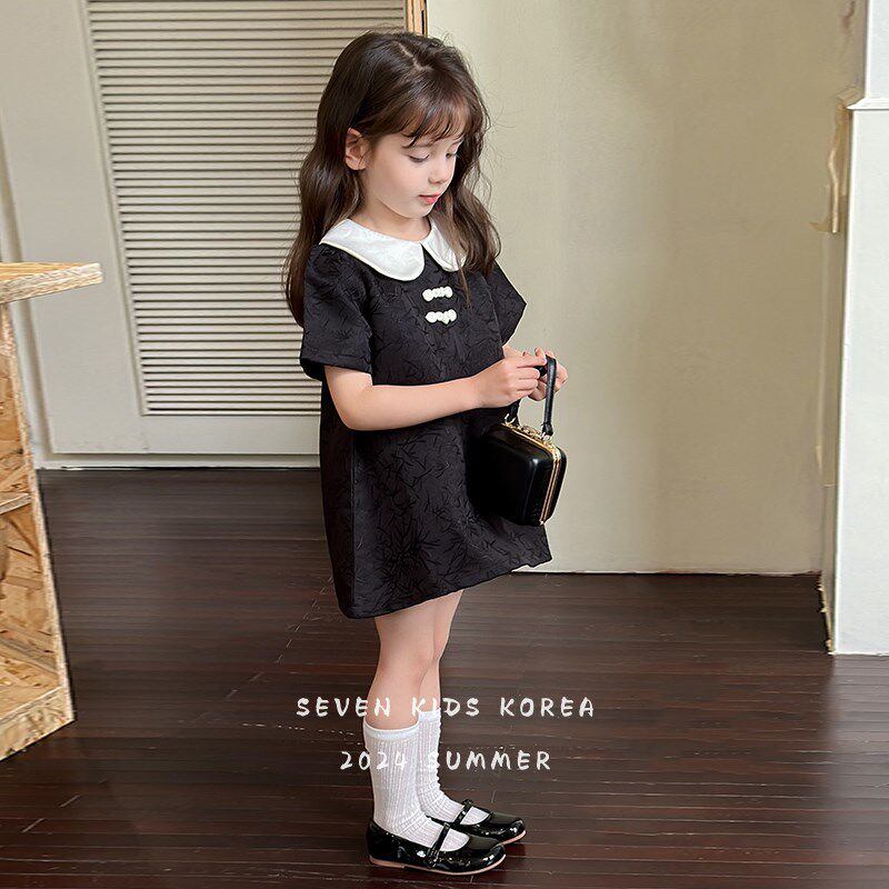 柒号童仓女童法式高级感提花连衣裙夏装新款翻领撞色精致公主裙潮