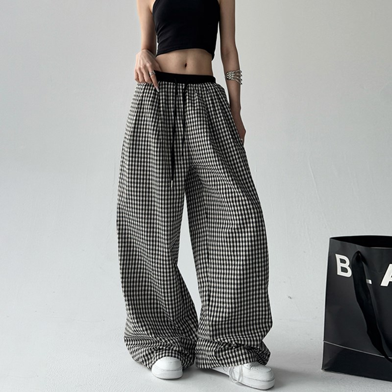 2025春季女装时尚新款松紧腰抽绳复古格子阔腿裤休闲裤长裤