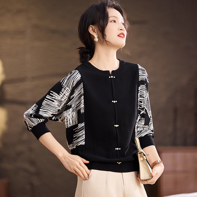 喜卉洋气妈妈装针织纱袖小衫40岁50岁新款春装中老年时尚女装上衣