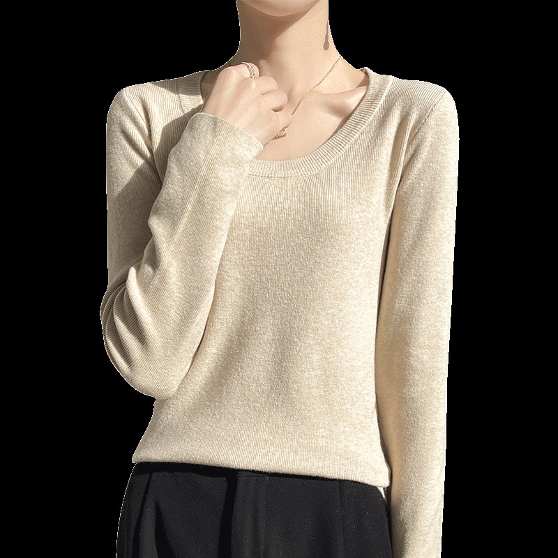 低圆领修身显瘦打底衫2024秋季新款女气质百搭U领长袖针织毛衣