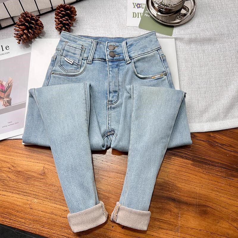 2024年秋冬季高腰加绒小脚牛仔裤女显瘦紧身浅蓝色小个子铅笔靴裤