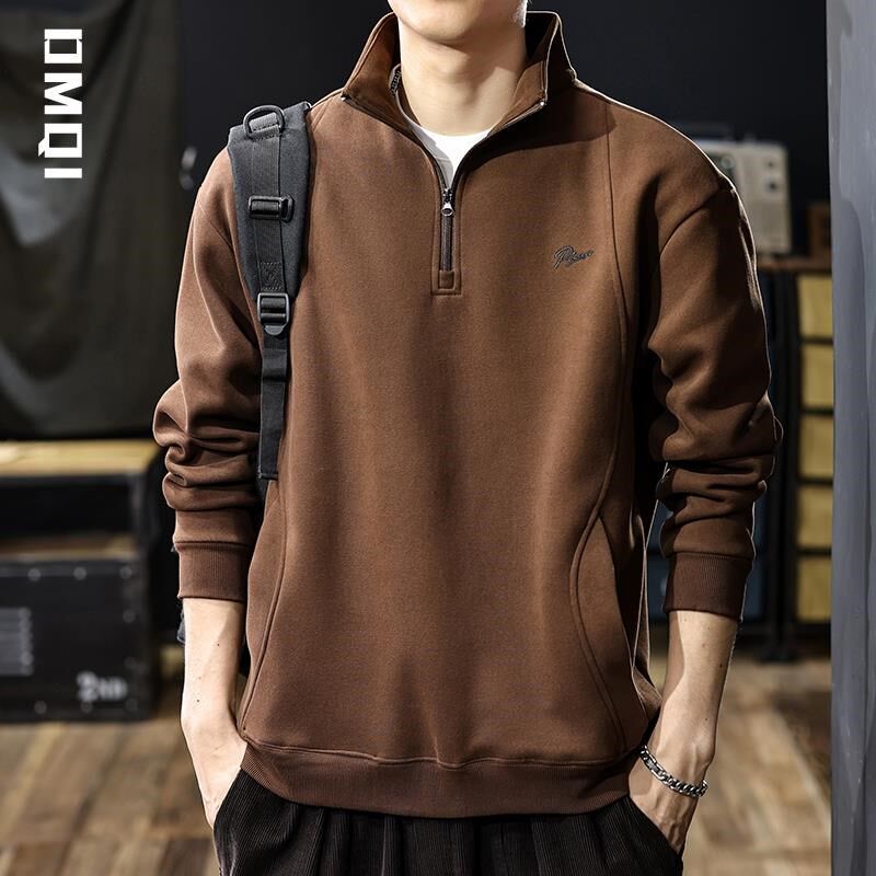 冬款加绒半拉链立领卫衣男士秋冬加厚大码polo衫男款长袖上衣男装