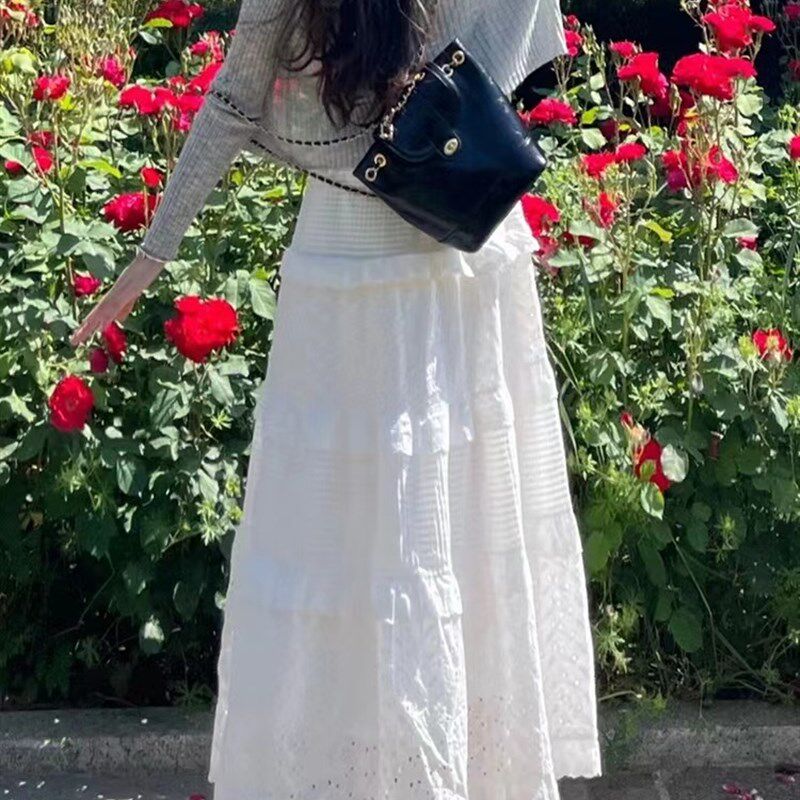 温柔风胖妹妹白色蛋糕裙春季a字中长裙蕾丝拼接勾花高腰半身裙女