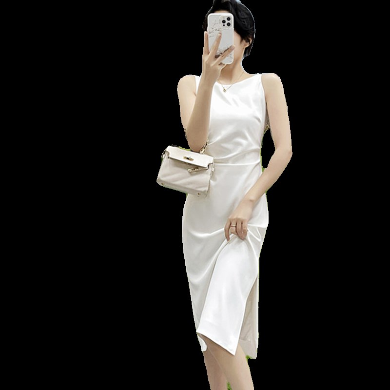 无袖白色吊带连衣裙女中长款夏季新款褶皱一字领侧开衩背心裙子女