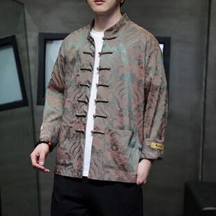 男提花立领宽松休闲复古外套中山装 新中式 衬衫 盘扣长袖 中国风唐装