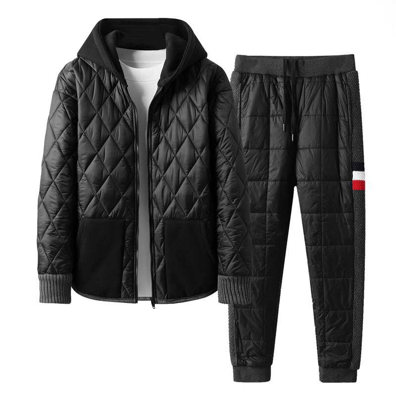 高端羽绒棉休闲套装男士冬季卫衣开衫连帽夹棉加厚棉衣棉服两件套