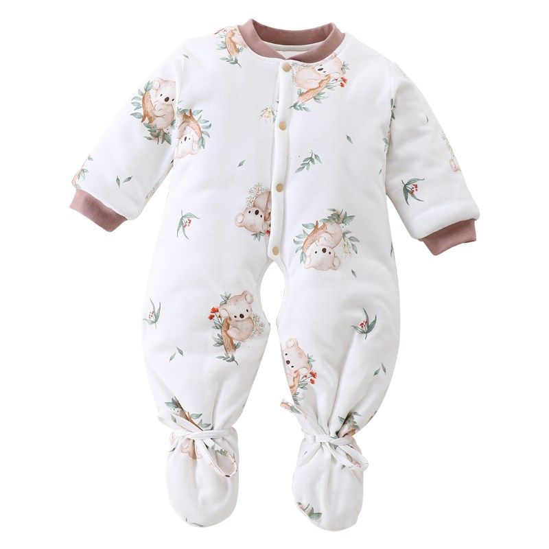新生儿包脚棉衣婴儿春秋中厚衣服满月宝宝外出穿连脚长袖开档带鞋