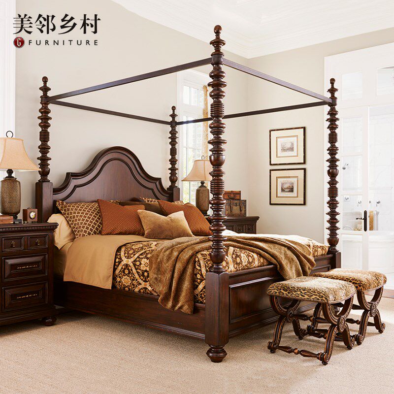 美式欧式复古实木双人床1.8米1.5米蚊帐架床罗马四柱大床主别墅床