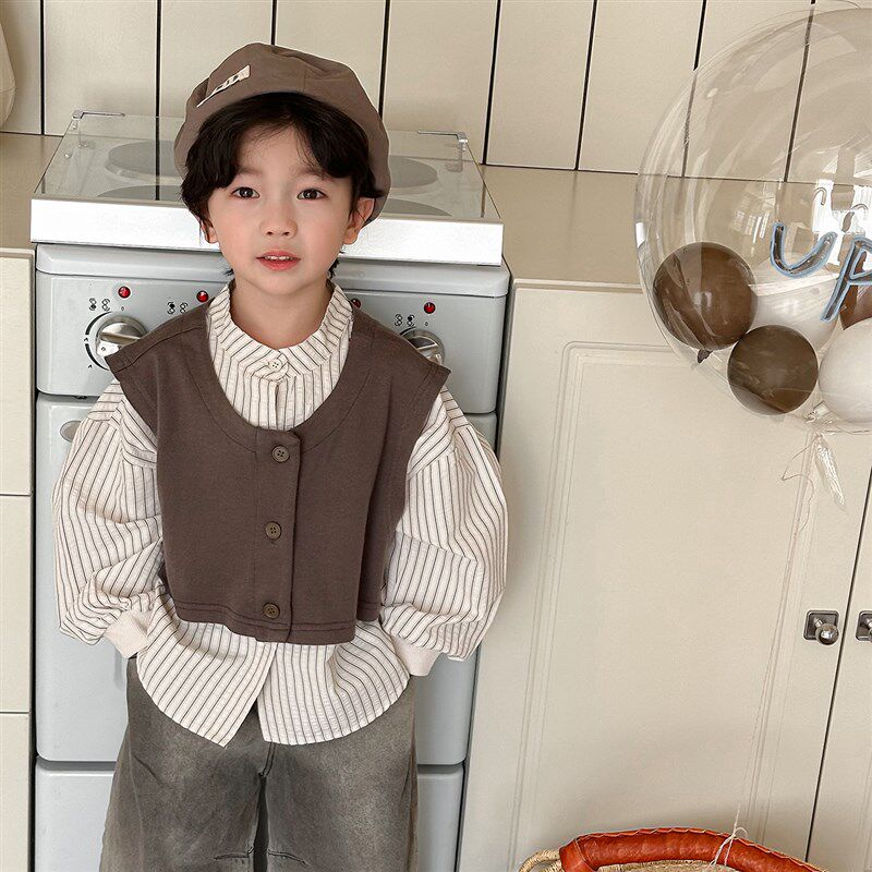 暮晨家新款春装2025男童竖条长袖衬衫中小童简约短装马甲两件套装