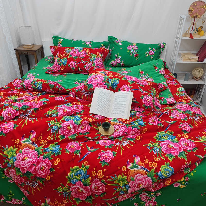 纯棉大花四件套AB版被套全棉土潮花布床单复古中式床上用品套件