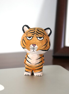 呆萌老虎猫手工木雕小摆件公仔可爱木质雕刻治愈系卡通书桌装饰品