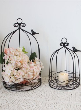 黑色装饰鸟笼铁件烛台复古套二简约家居饰品装饰摆件可挂多肉花盆