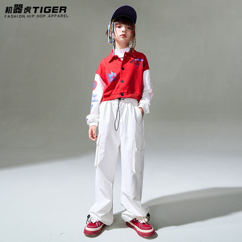 儿童红色街舞表演服女童露脐爵士舞服装女孩嘻哈机车hiphop演出服