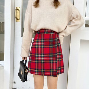 胖mm红色格子半身裙女秋冬季新款高腰大码遮肚子包臀a字短裙裤裙