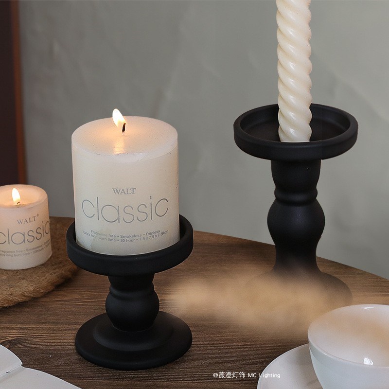 复古黑色罗马柱香薰蜡烛玻璃烛台餐桌氛围装饰摆件欧式摄影道具