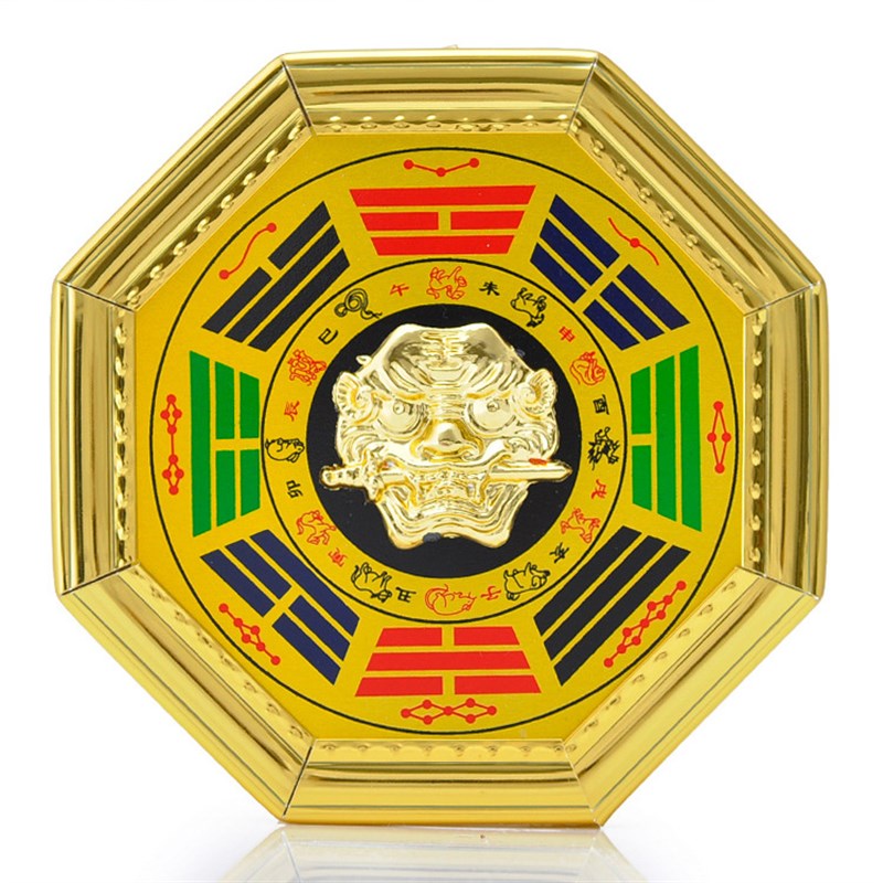 兽头八卦镜木板底部合金虎头合金十二生肖狮咬剑睚眦彩绘八卦挂件