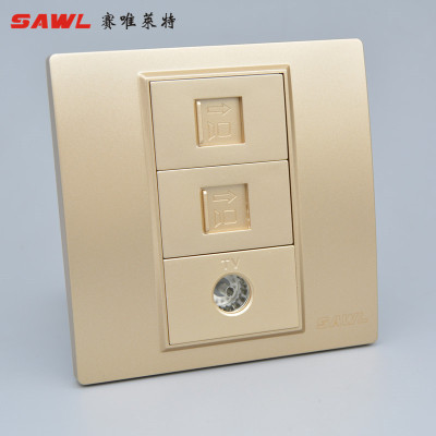 香槟色86型双电脑加闭路电视二位网线有线TV插座网络光纤面板暗装