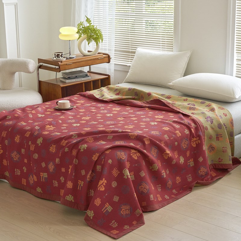 纯棉色织提花毛巾被百福毯全棉三层纱布线毯加大2米双人夏凉毯子