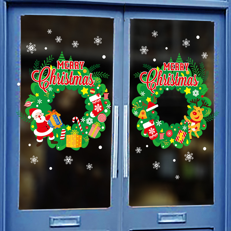 圣诞节商场店铺装饰场景布置店面装饰品圣诞花环圈玻璃门贴纸贴画
