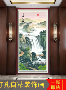 玄画饰画国画山水画竖款画客厅壁画富贵富水长流