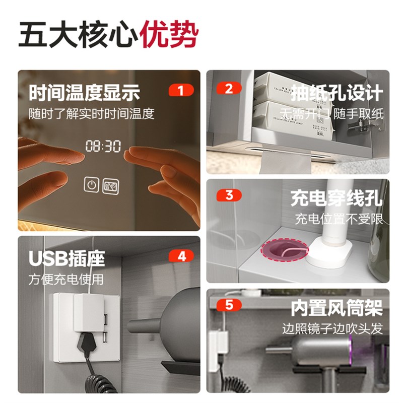 先姿浴室通顶镜柜智能化妆室镜子柜收纳储物挂墙式不锈钢定制除雾