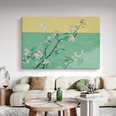 春暖花开复古花卉手绘油画客厅黄绿色横版装饰画玄关蝴蝶肌理挂画