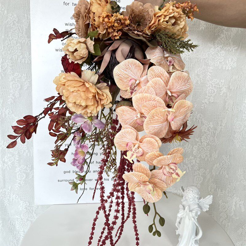 油画瀑布手捧花 红色蝴蝶兰花束 新娘结婚仿真花欧式婚礼摄影道具