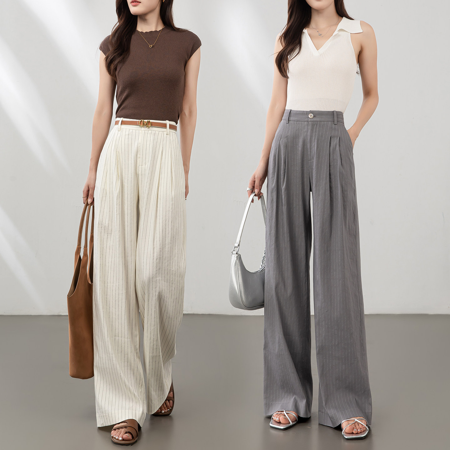 老钱风显瘦条纹亚麻阔腿裤女长裤2025夏季新款高腰棉麻休闲直筒裤