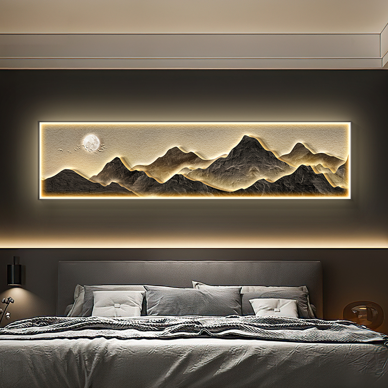 轻奢风卧室床头装饰画背r有靠山挂画带led灯画高级感主卧山水壁画