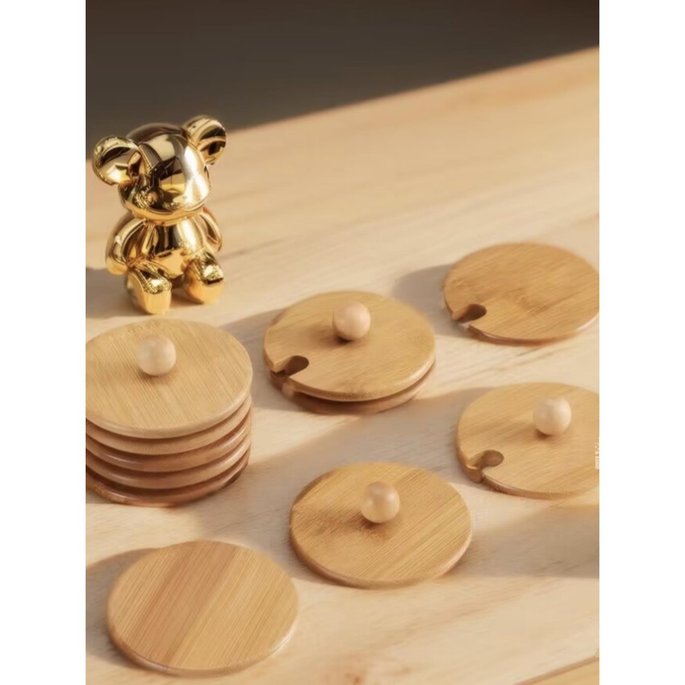 圆形带提手马克杯盖水杯盖子木质杯盖竹盖子防尘茶杯盖陶瓷竹杯盖