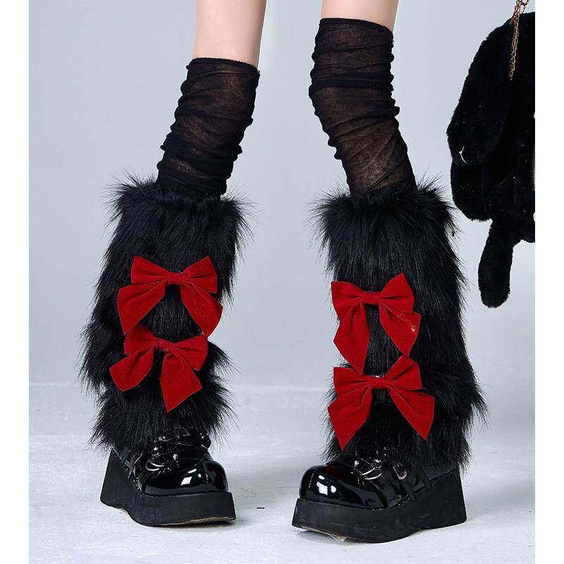 原创耶诞甜美毛绒袜套个性新年宽大红色蝴蝶结保暖毛毛腿套过膝袜