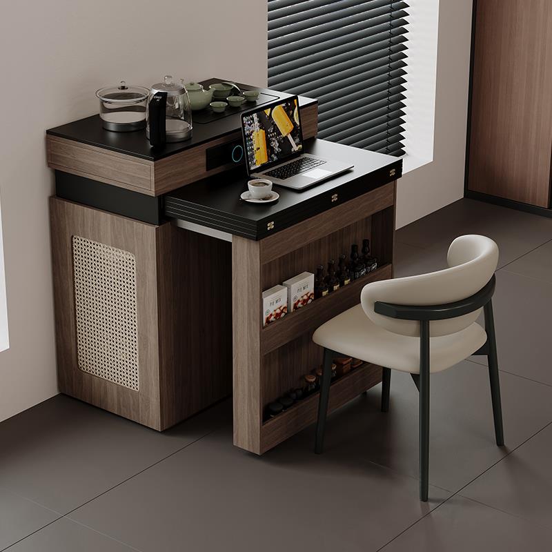 中古风岛台餐桌一体家用可伸缩吃饭桌子小户型实木折叠餐桌椅组合