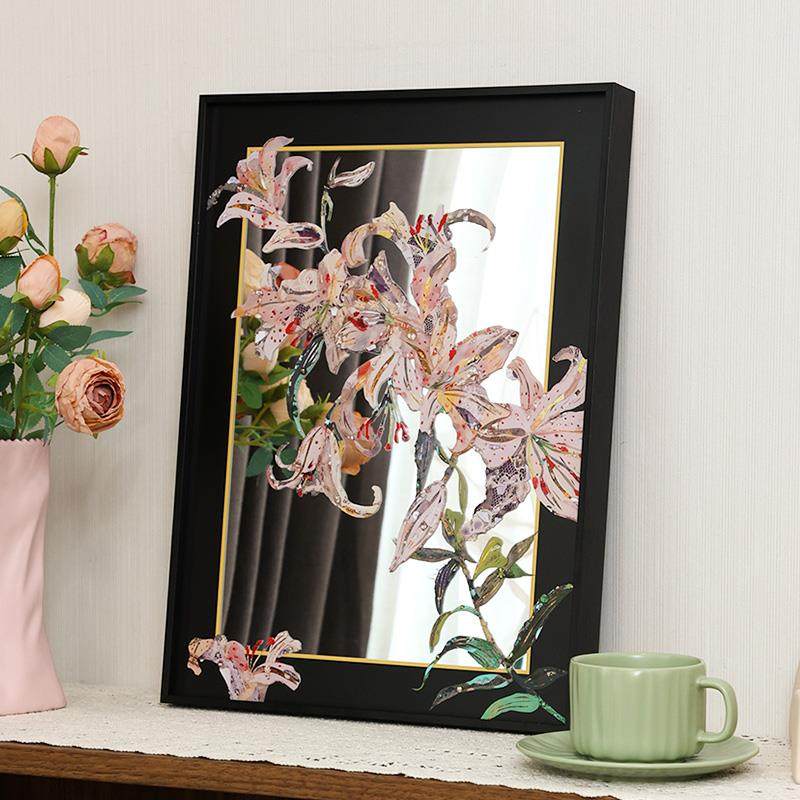新中式百合花卉镜子画 画客厅装饰抽象高级感油画 画彩色中古玄关