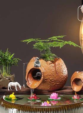 古法养鱼水缸生态循环流水摆件开口陶罐喷泉增氧过滤造景装饰配件