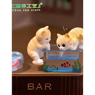 可爱调皮捞鱼小花猫公仔萌粒 娃娃屋diy装饰品配件迷你桌面小摆件