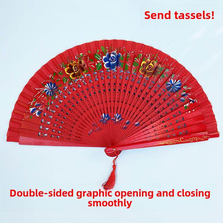 旗袍t台西班牙扇双面舞蹈纯手绘工艺木扇中式缅甸女折扇