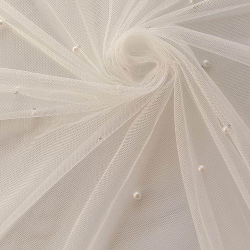 米白珍珠铆钉网纱布料 长裙上衣服装头纱婚纱装饰制衣lolita面料