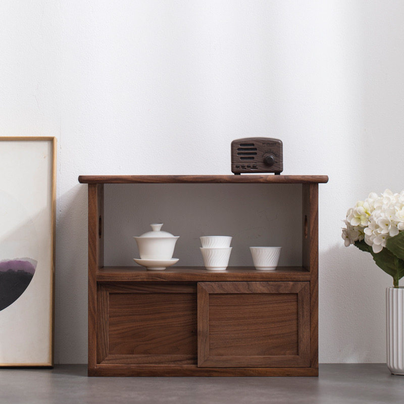 黑胡桃木实木复古推拉门家居茶具茶空间书房软装收纳柜储物小柜子