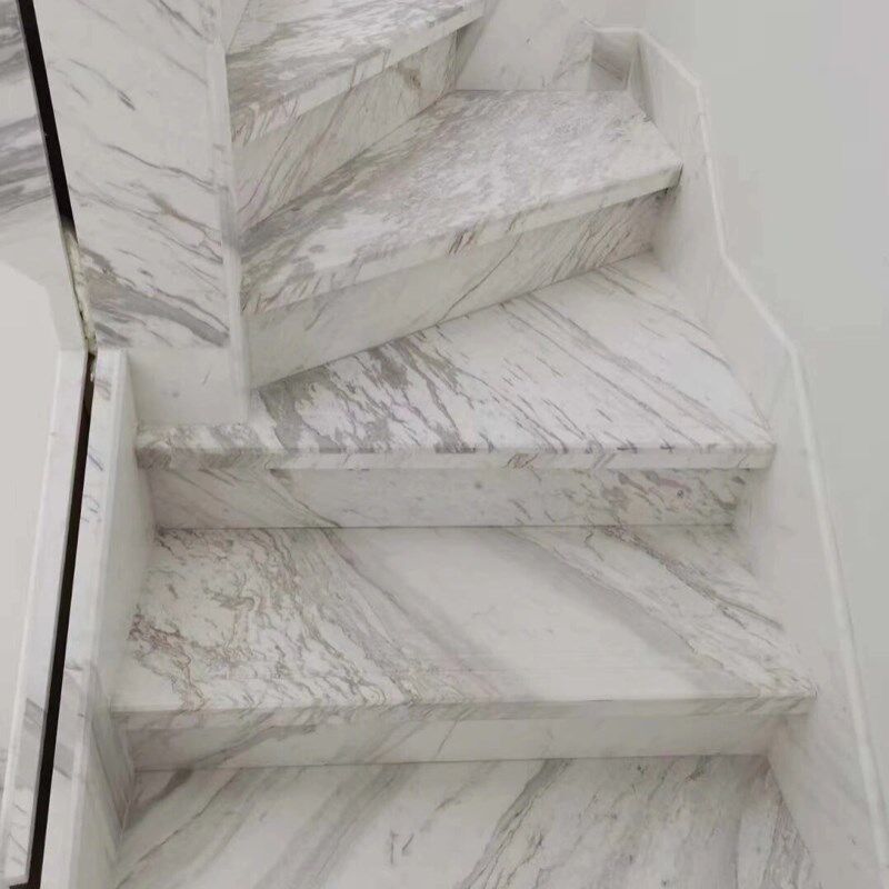 天然人造大理石室内外旋转楼梯踏步石材台阶爵士白玻璃扶手护栏
